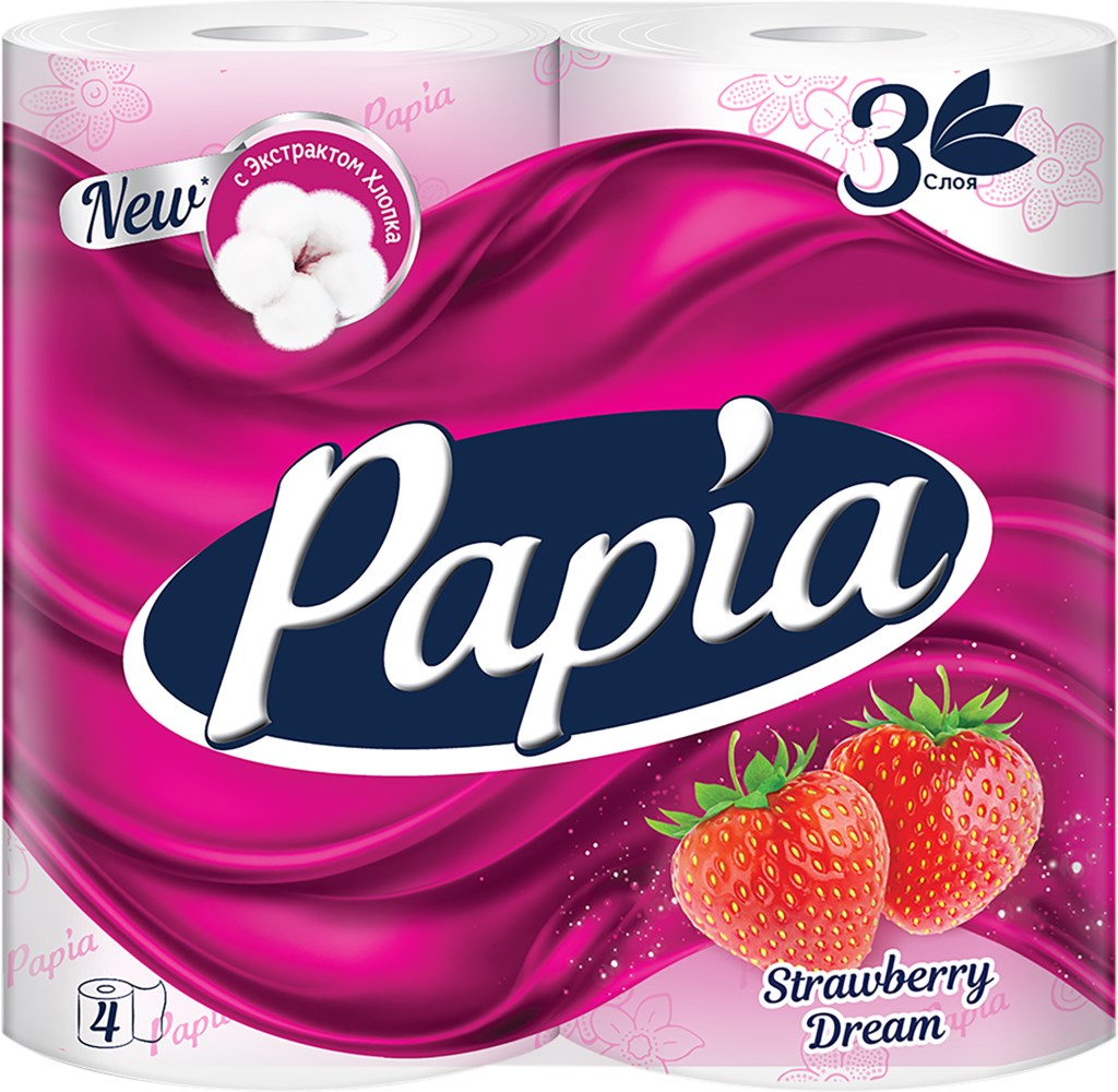 Бумага туалетная PAPIA Strawberry Dream 3-слоя, 4шт