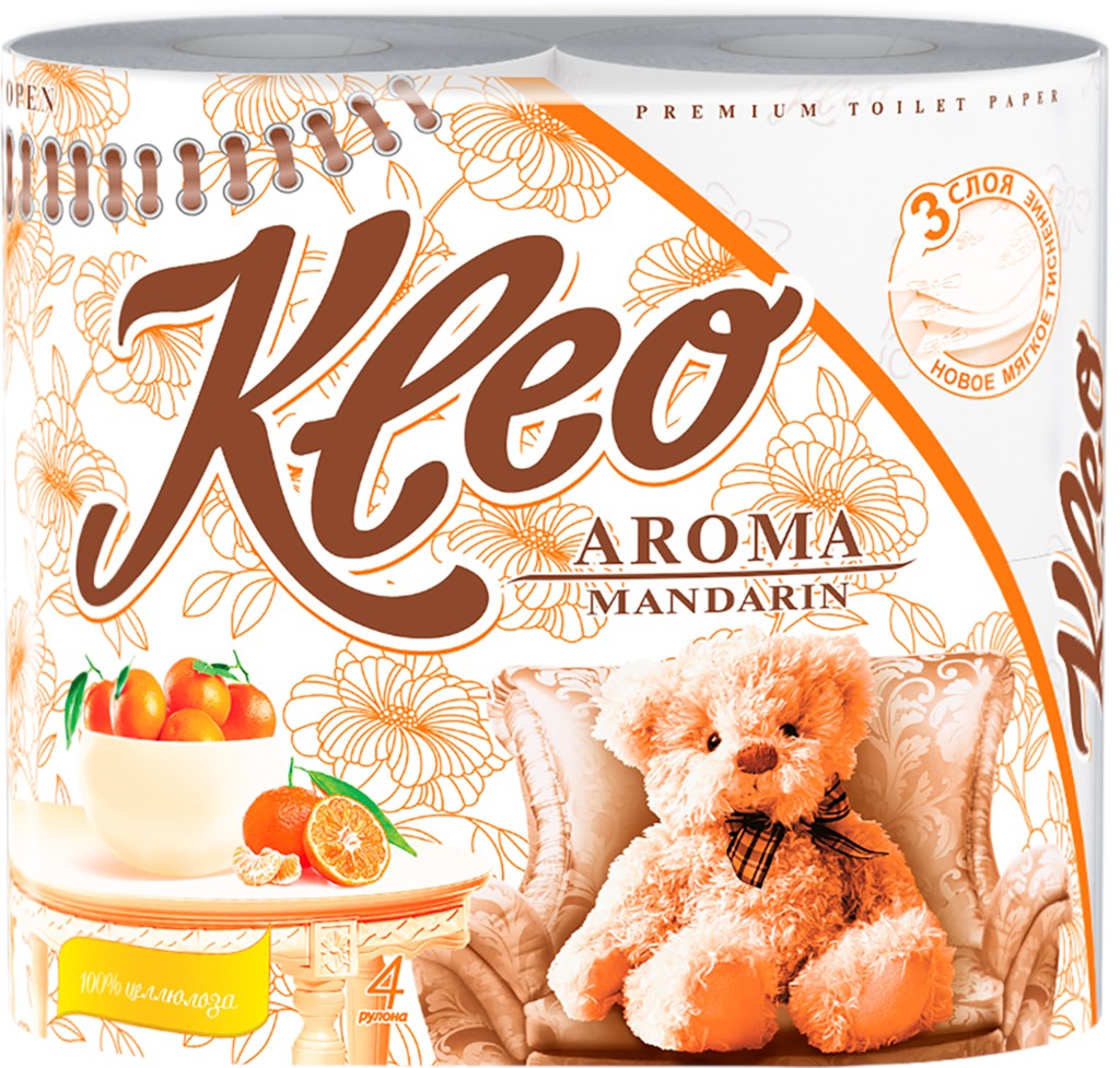 Бумага туалетная KLEO Aroma 3-слоя, с ароматом мандарина, 4шт