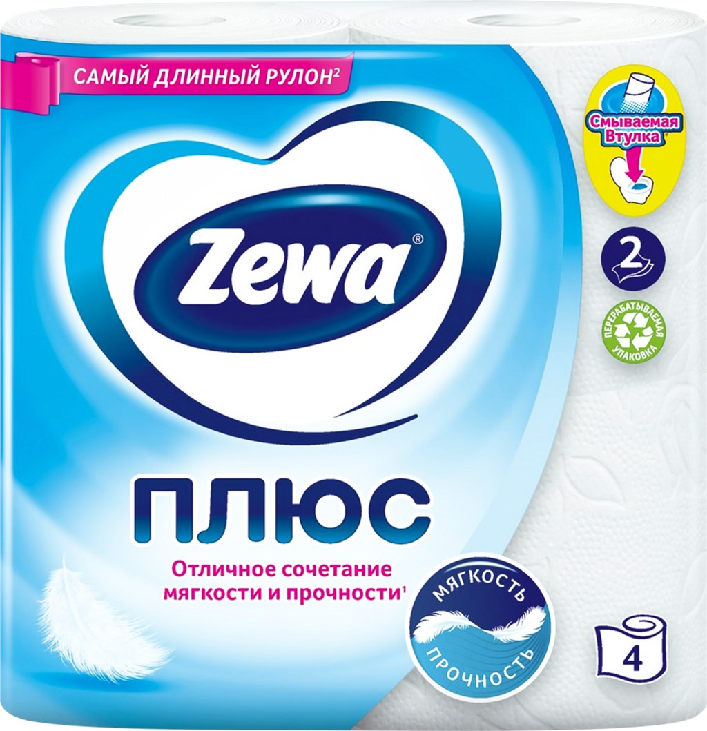 Бумага туалетная ZEWA Plus 2-слоя белая, 4шт