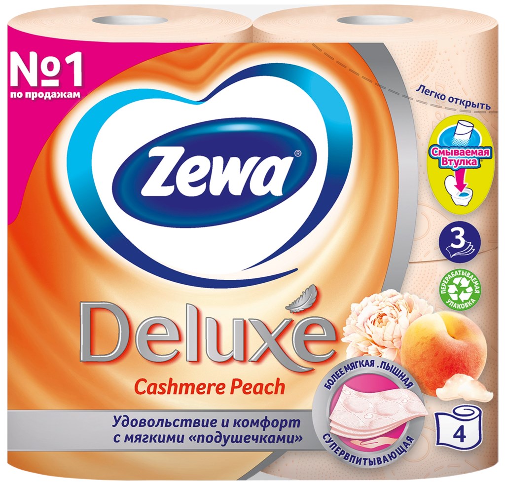 Бумага туалетная ZEWA Deluxe 3-слоя с ароматом персика, 4шт