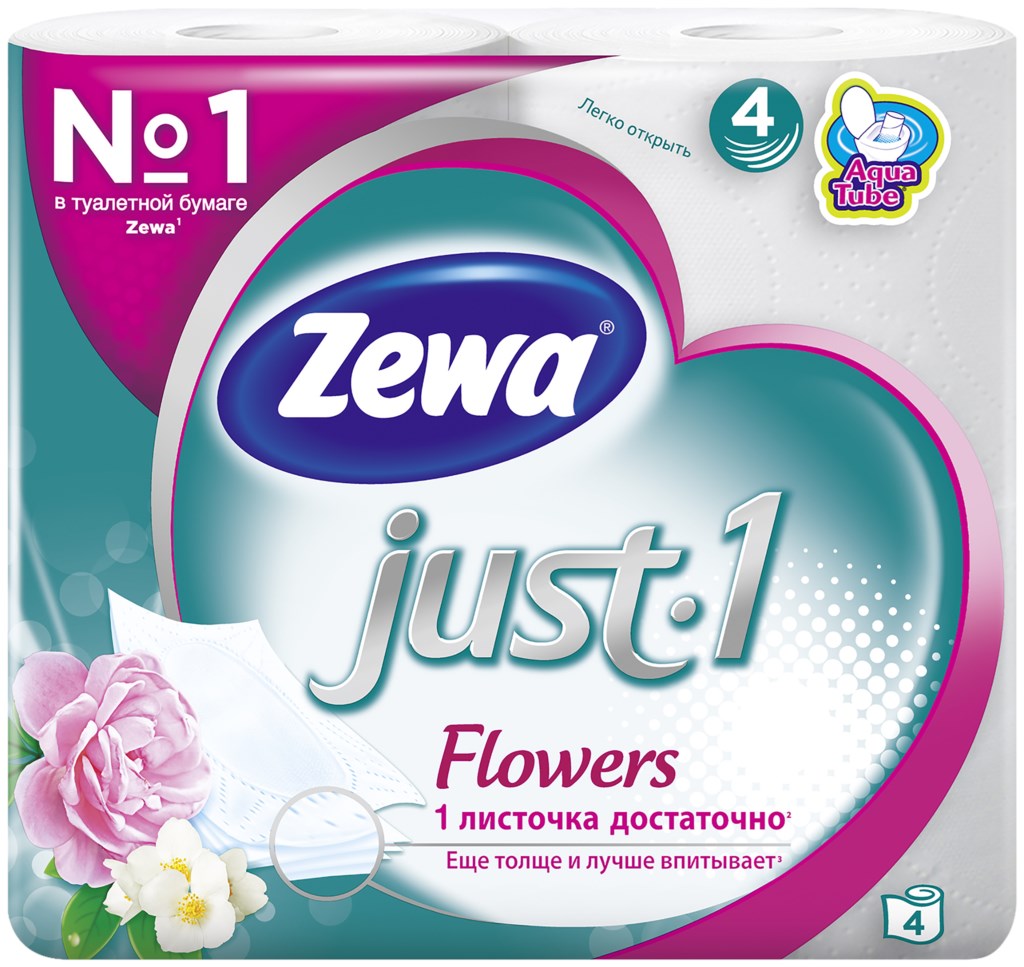 Бумага туалетная ZEWA Just1 4-слоя Цветы, 4шт